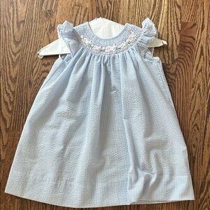 Smocked Light Blue toddler Easter Dress with Floral Embroidery and bunnies